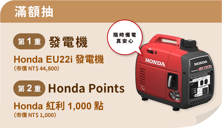 滿額抽 第1重發電機 第2重Honda Points